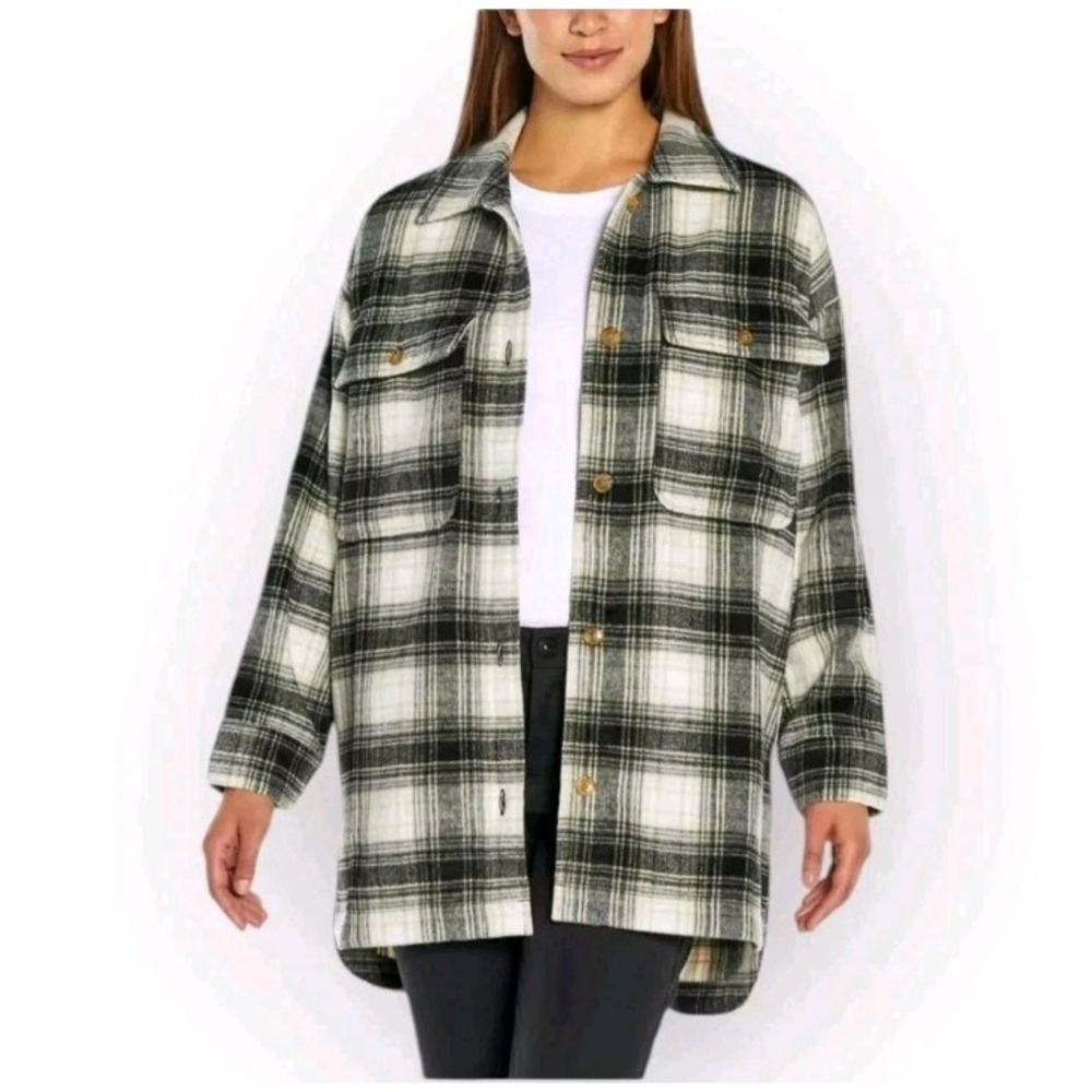 Banana Republic White Black Wool Blend‎ Long Flannel Jacket Shacket Size XL